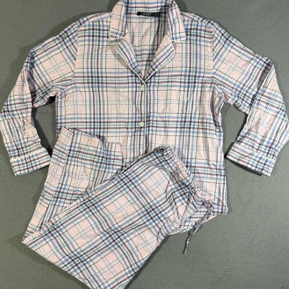 Vintage Lauren Ralph Lauren Women's Collar Classic Pajama Set Pink Plaid Size XL